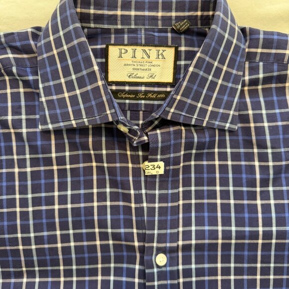 Thomas Pink Men's Blue & White Plaid Cotton Dress Shirt, 15 ½/34, Like New - Picture 3 of 11